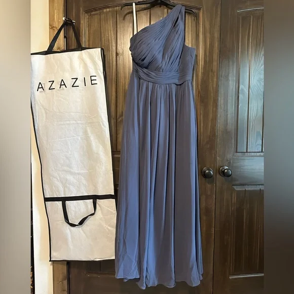 NWOT Azazie Molly A Line One Shoulder Chiffon Maxi Dress in Stormy Purple - Picture 5 of 5